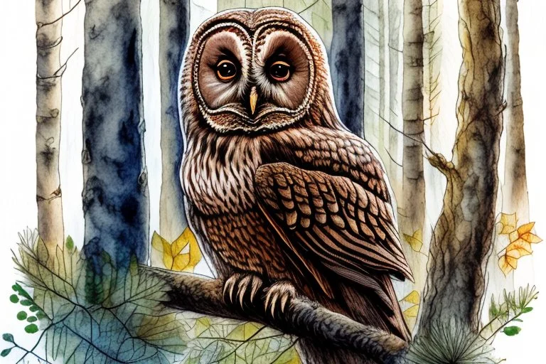 Brown Tawny Owl, pine tree, forest, autumn, dark night highly detailed intricate intricate details high definition crisp quality beautiful lighting pencil sketch watercolor dramatic lighting Deep shadows Warm colors warm light