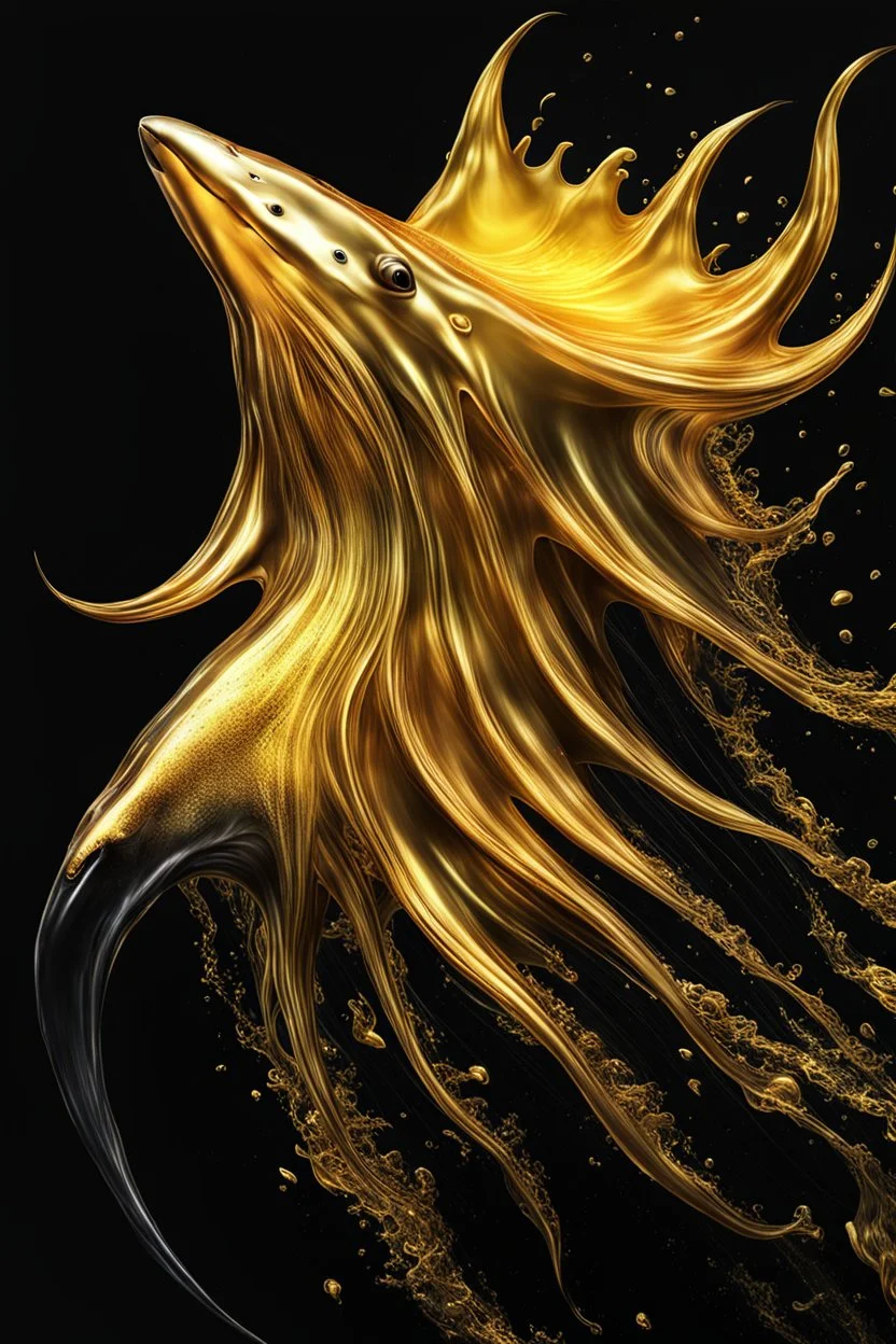 ultra high image quality, Close-up of a shark squid god resembling liquid gold, fins rippling like molten metal, set against AMOLED-worthy pure black backdrop, fantasy art style infused with a golden filter, tailored for vertical wallpaper, exclusive design with no duplicates, radiating beauty suitable for a PC screen image, vivid colors, ultra fine, digital painting.