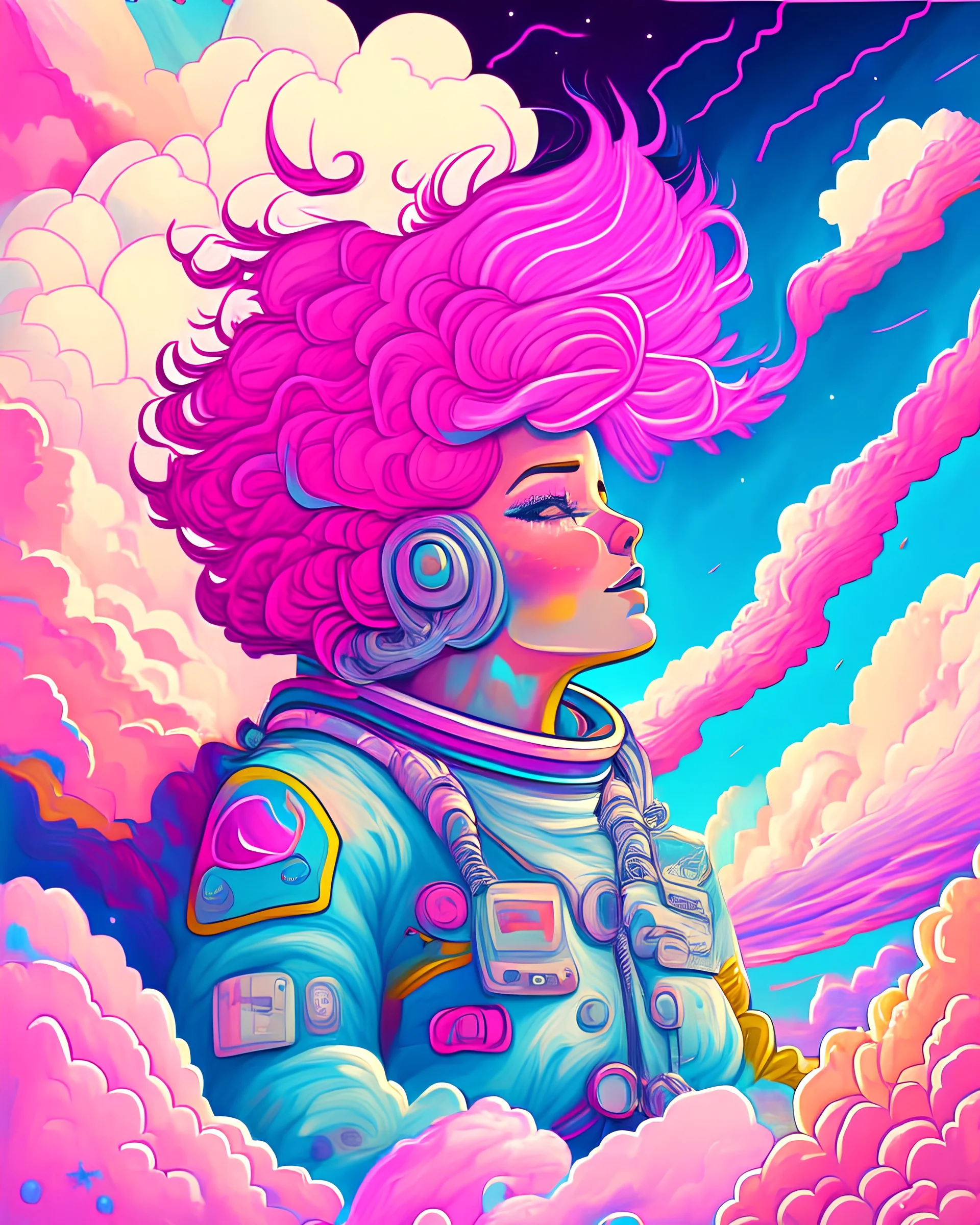 Highly detailed portrait of an astronaut. vintage style with a bright and cheerful color scheme, vivid pink hair, featuring a mix of pastel blues, pinks, and purples, standing with his arms folded, surrounded by a swirl of energy. The background is a colorful cartoon landscape, with fluffy clouds and a rainbow. The background is a stark, metallic landscape, with a futuristic cityscape visible in the distance. by atey ghailan, by eduard hopper, by greg tocchini, by james gilleard, grunge aestheti