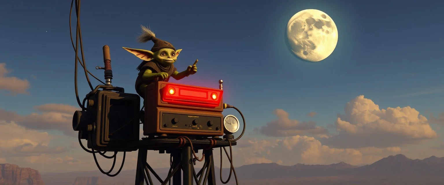 good moonring the coolest sassy elven gremlin explorer climbing a radio tower with crazy swag in the style of fallout 4