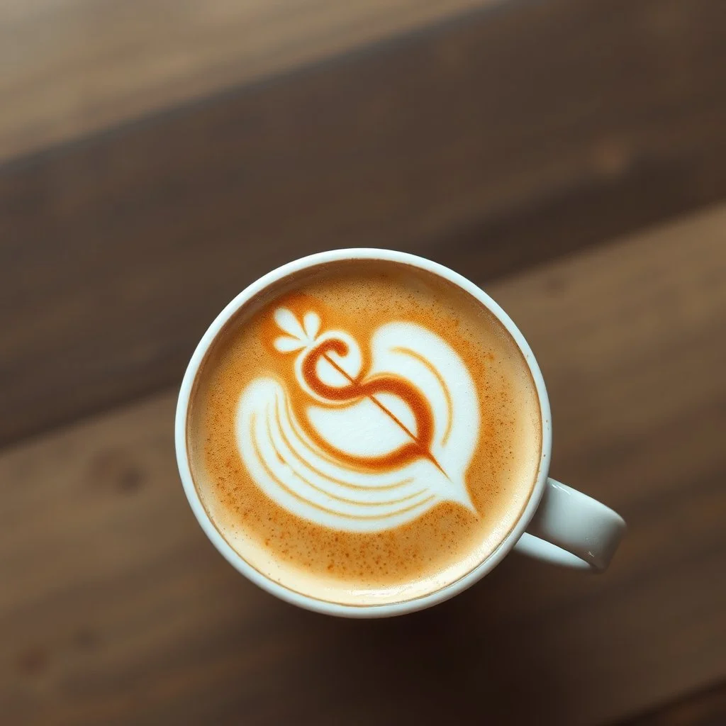 close up bird's eye view of a latte with a dollar sign in the foam, professional photography, looks like an advertising campaign photo, delicious