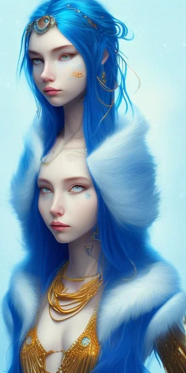 human kingfisher girl with blue hair and orange strand of hair wearing a blue winter coat and a gold necklace. kingfisher sitting on top of her head