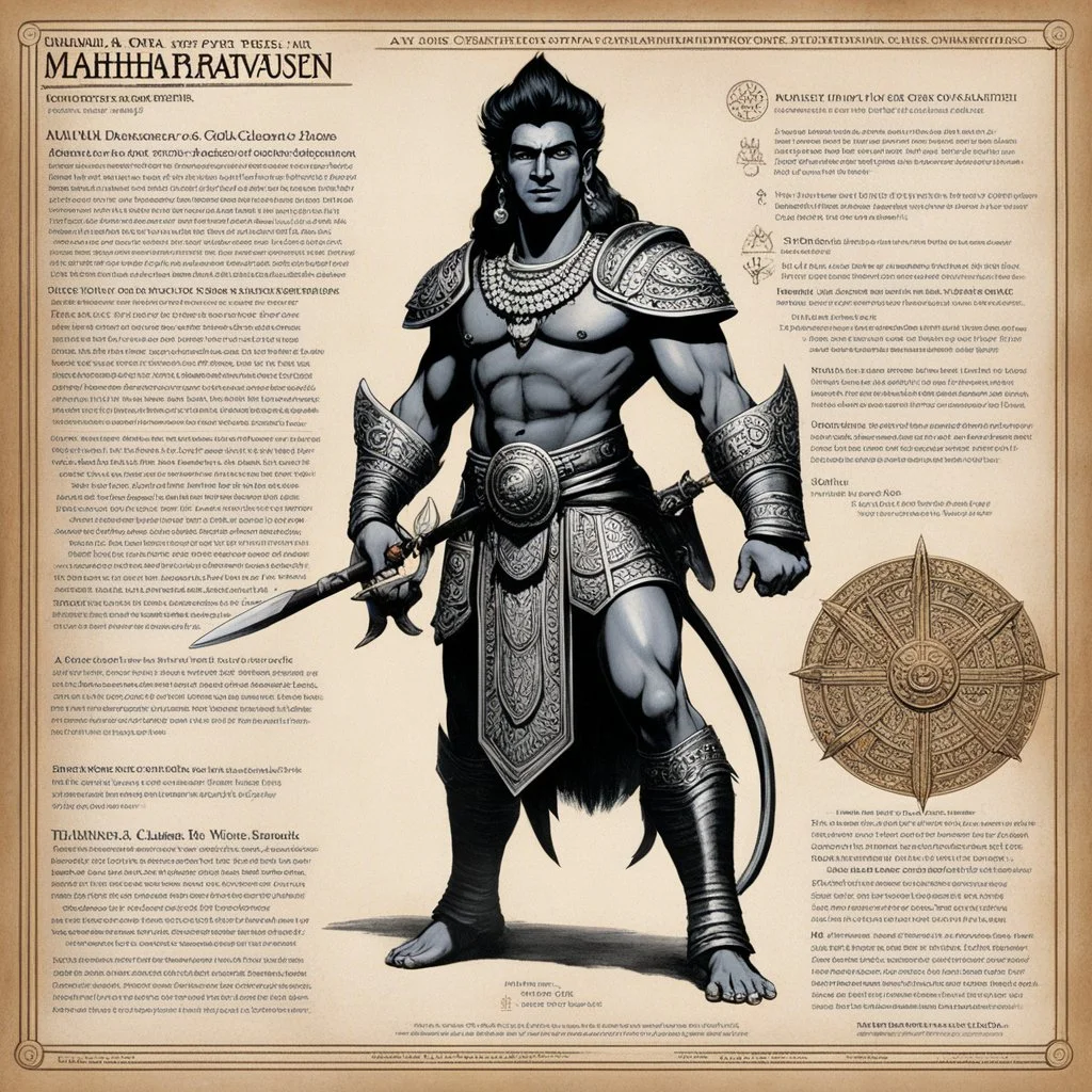 character concept sheet with AD&D statistics and characteristics, [high res photo by Ray Harryhausen for Mahābhārata module B3] a character of Pāṇḍavas class of King: Arjuna — Son of Indra, the King of the Gods Epithets: Pārtha, Dhananjaya (“conqueror of wealth”), Gudākeśa (“master of sleep”) Qualities: Peerless archer and greatest warrior of his age. Represents discipline, focus, and devotion. Has deep emotional intelligence and a spiritual side — his moral conflict on the battlefield gives ris