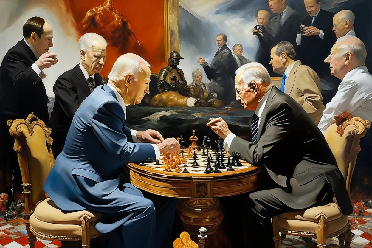 Putin, President Xi Of China And Joe Biden Play Chess With Atomic Bomb Mushroom Cloud,Complex Surgical Instruments Intermixed With A Newborn Boy,Minimalism,Painting By Adrian Ghenie,Rene Magritte,Pablo Picasso,Michelangelo,Salvador Dali,Lucian Freud