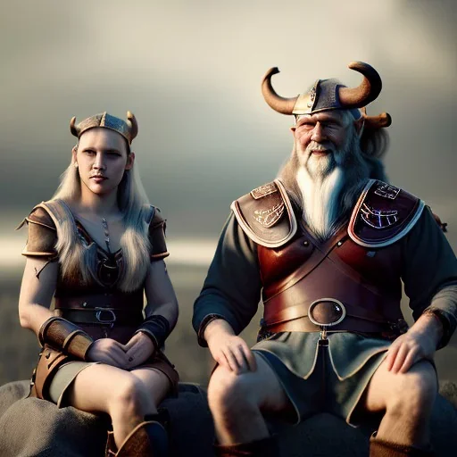 Viking theme, a younger woman sitting next to a 50-year-old man, portrait, 8K, close-up face, anatomically perfect face, Highly detailed stunning full frame portrait, misty and cloudy atmosphere