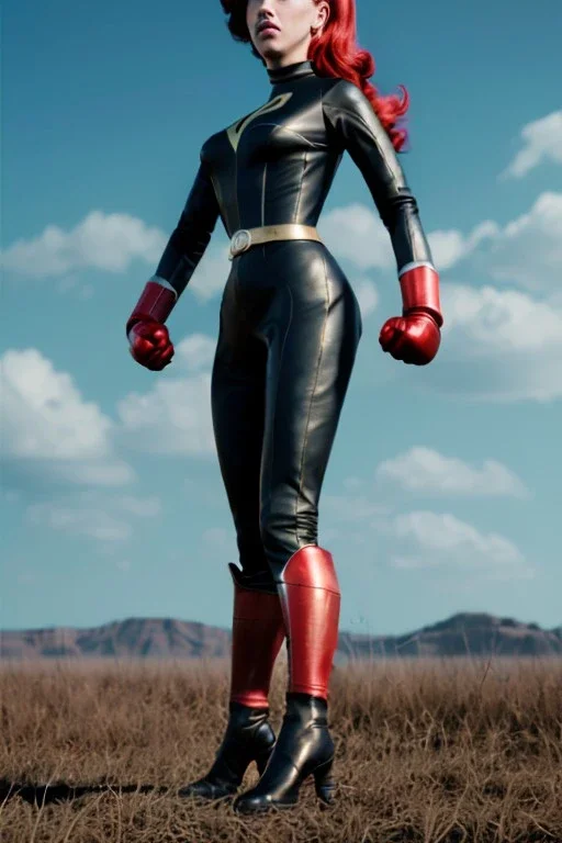 retro portrait image from 1960, sky background, wind, long red hair, fighting stance, sweet young Scarlett Johansson, black dress, classic long tight lycra black suit, gold bracelet and belt, high heel boots, superhero style, soft color, highly detailed, unreal engine 5, ray tracing, RTX, lumen lighting, ultra detail, volumetric lighting, 3d, finely drawn, high definition, high resolution.