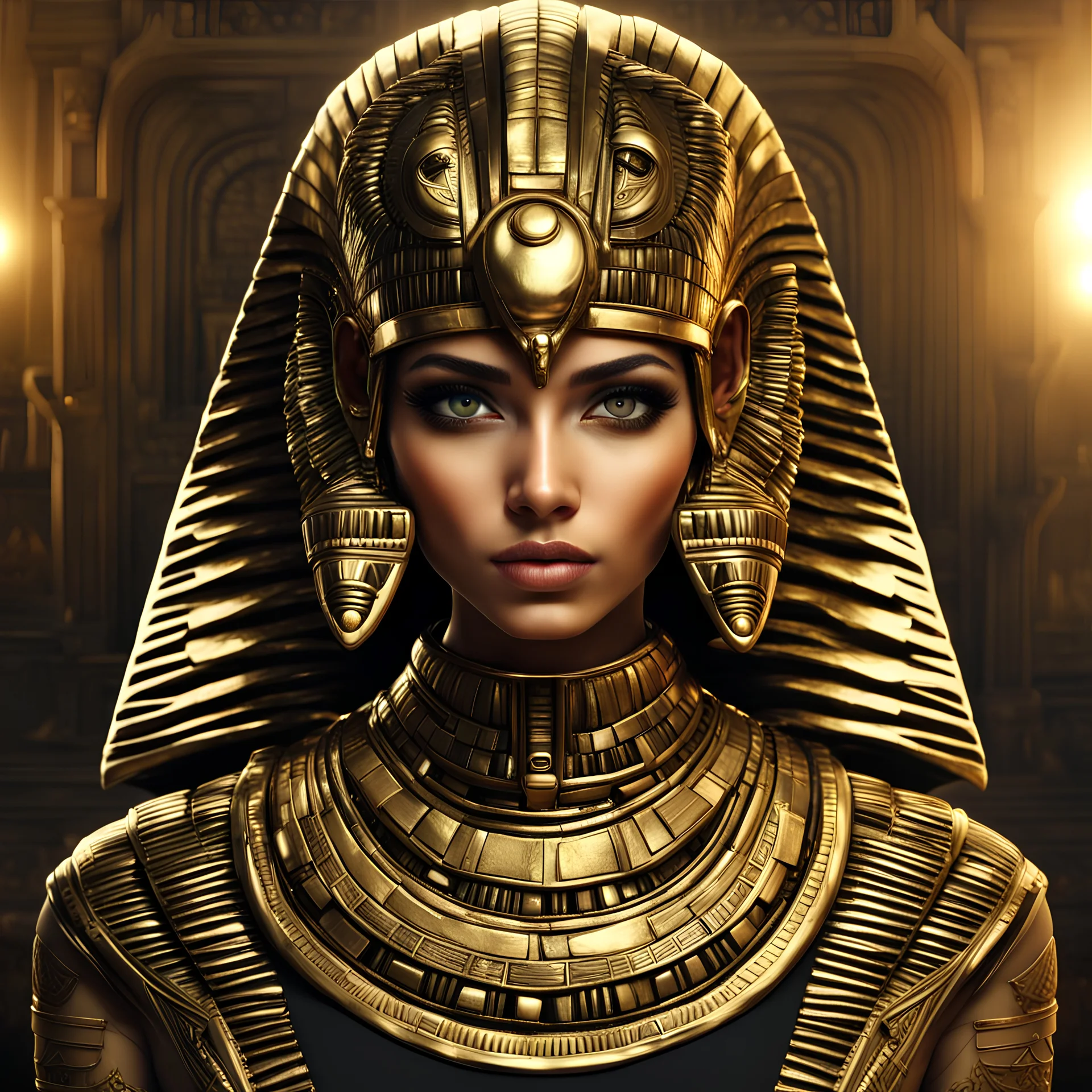 PRETTY EYES EGYPTIAN beautiful with simetric eyes, beautiful face and eyes, highly detailed face, GOLD eyes, realistic, PYRAMID background moon SPACESHIPS, Ultra detailed digital art masterpiece, beautiful GIRL 26 yearS old, EGYPTIAN with simetric eyes