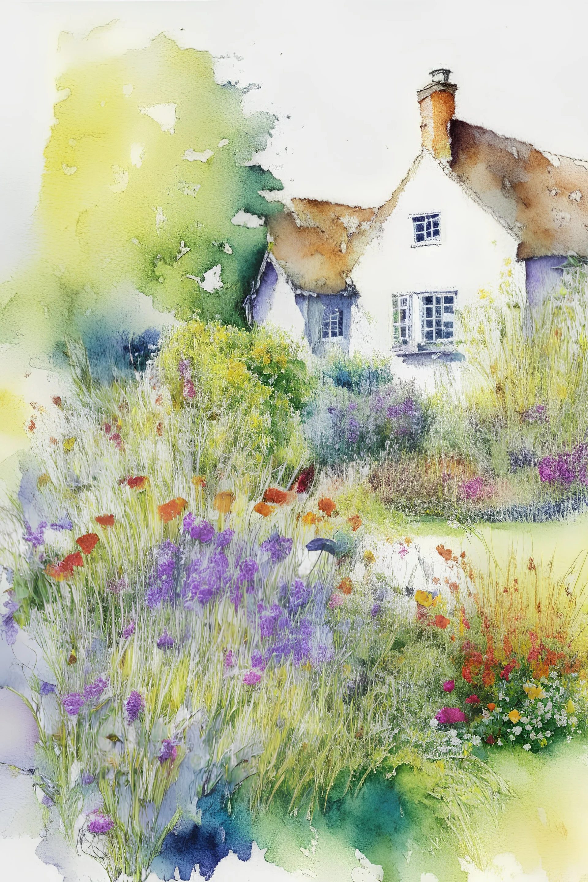 abstract watercolour english cottage garden in the style of jean haines, centred