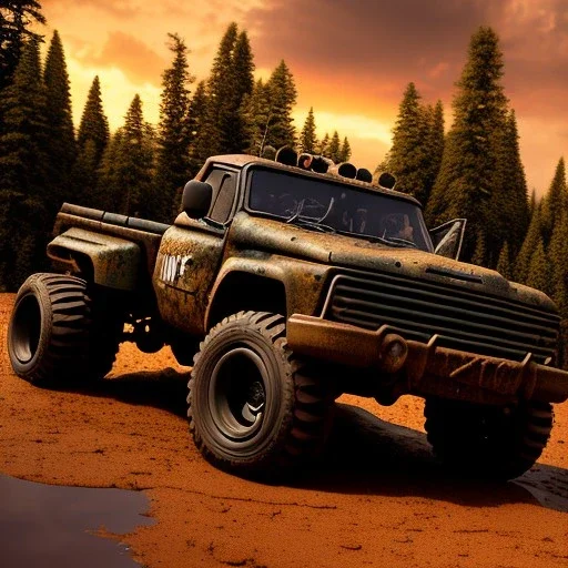 stylized hyperrealistic shot, muddy aggressive military toy truck, monotone color palette, sharp focus, puddle reflection, tire water splash, refraction, sunset, rocky terrain with huge boulders, detailed and intricate, cinematic composition, micro, tilt shift photography, unreal engine 5, octane render, 8k, cinematic lighting