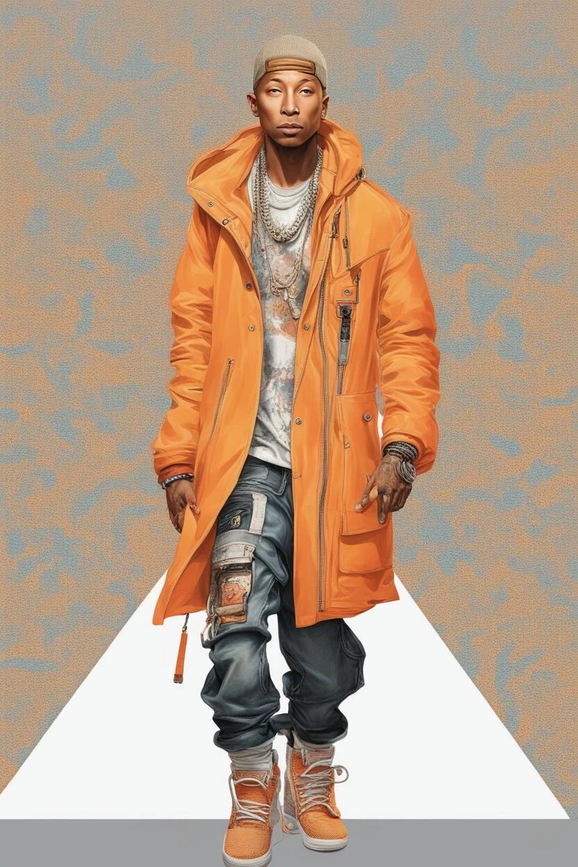 Pharrell Williams dressing in orange, cyberpunk, ultra realistic