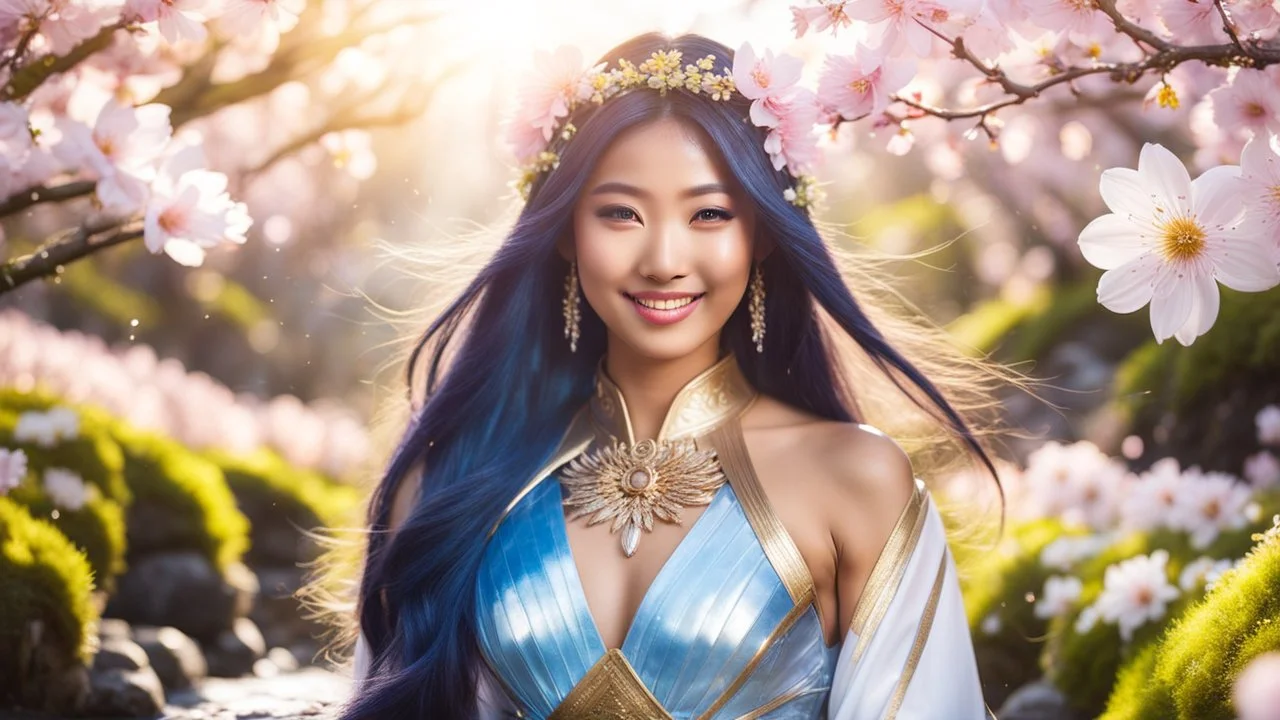 Portrait of a gorgeous smiling asian goddess with a golden dark skin, long smooth clear blueish hair, blue eyes, in a sci-fi outfit with luminous strikes in a hill of flowers with sakura trees, a small torrent, loads of mini flowers, moss, sun rays through the branches, particles in the air at spring