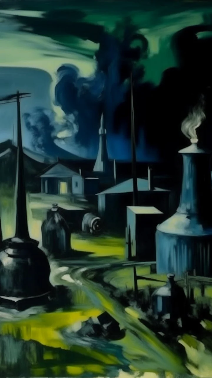A bluish black facility zone with nuclear missile painted by Paul Cezanne
