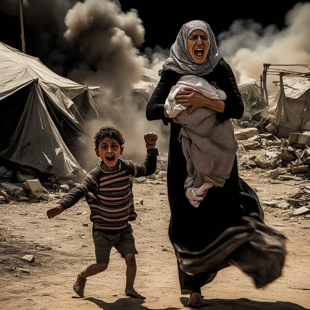 A Palestinian woman wearing the Palestinian dress carries her dead son as she screams and cries at night, with explosions in refugee tents behind her.