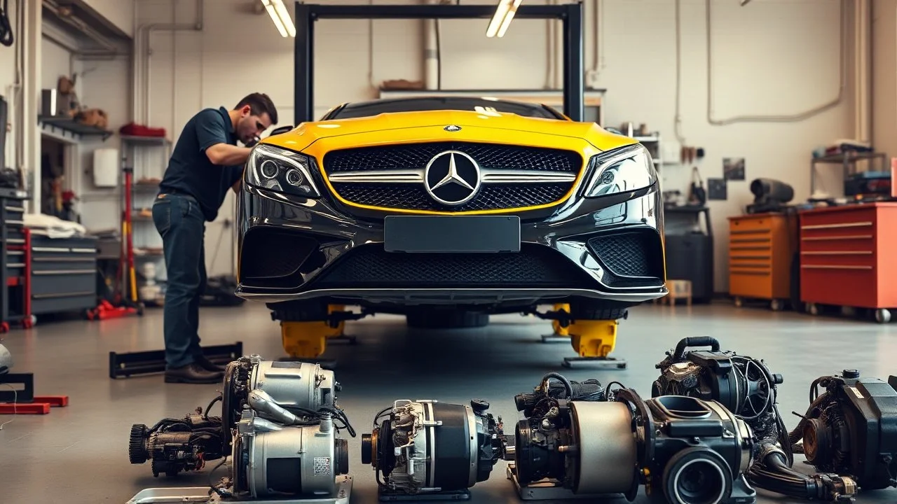 A car repair shop where two people in work clothes are repairing a black and yellow Benz CLS 550 with an eye-catching theme in a sophisticated and special repair shop where at the bottom of the image a collection of car engine parts are arranged on the floor with lighting and a classic atmosphere.