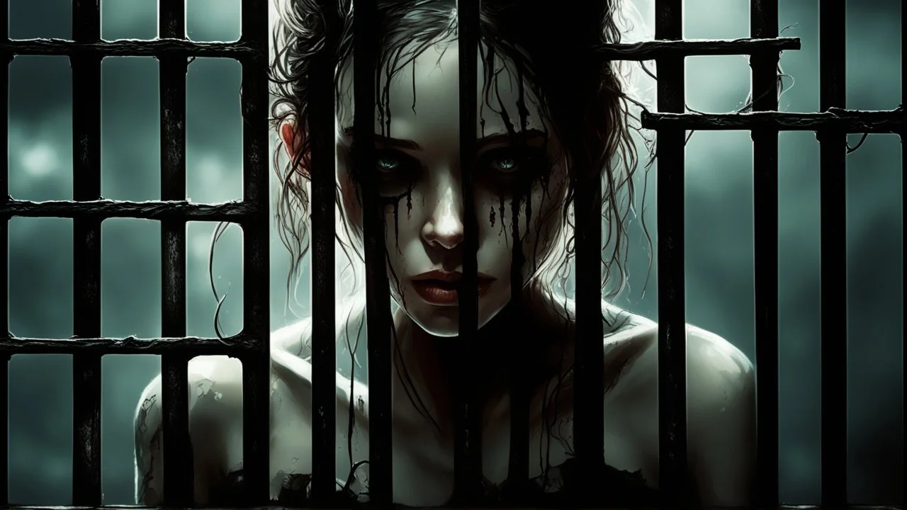 Scary young girl in a cage, post-apocalypse, dark style, Luis Royo & Raymond Swanland & Alyssa Monks & Anna Razumovskaya & Benedick Bana