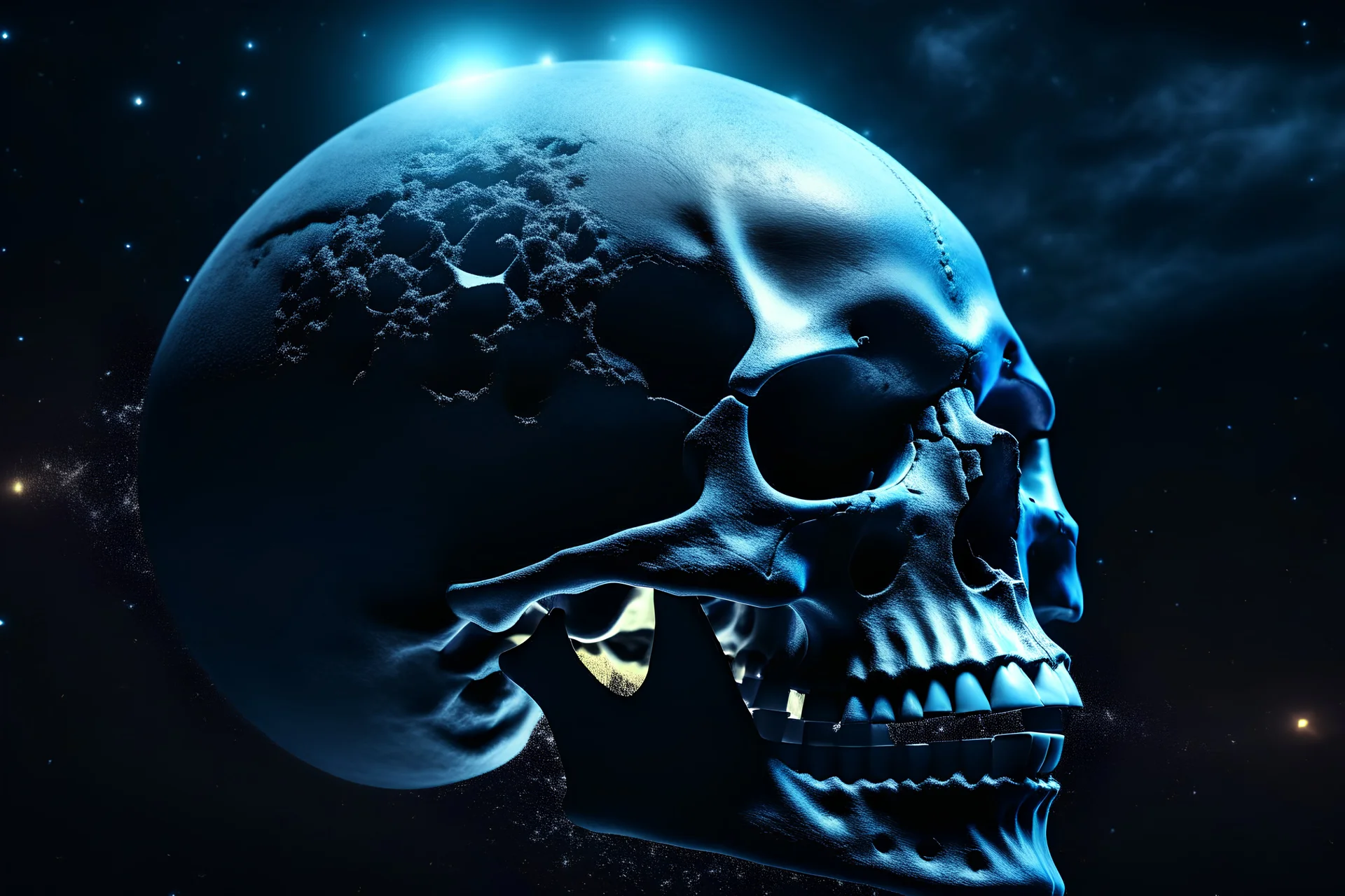 still photo series premiere top rated runaway hit new wifi scifi dystopian nightmare fantasy documentary style tv series.death kiss. communal cranium. glowing moon as skull suspended up high above in the glittering Milky Way night sky. photo real