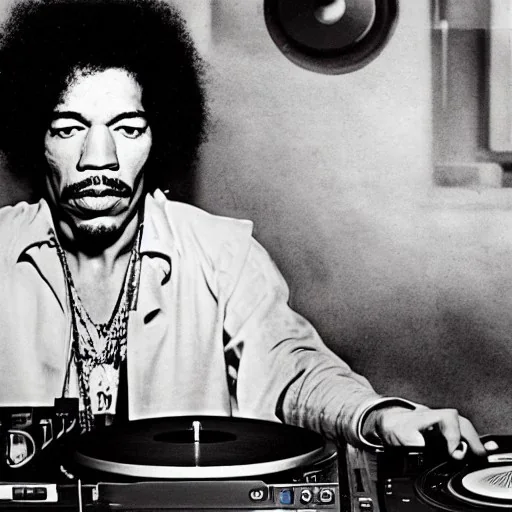 a realistic portrait of Jimi Hendrix at a turntable with headphones on being a DJ, cigarette in mouth