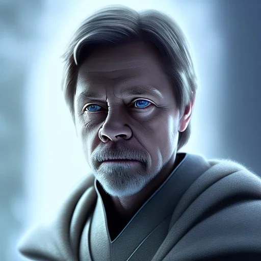 upper body photorealistic jedi mark hamill in Star Wars, sharp blue eyes, photorealistic weathered skin, jedi robe, cinematic lighting, intricate