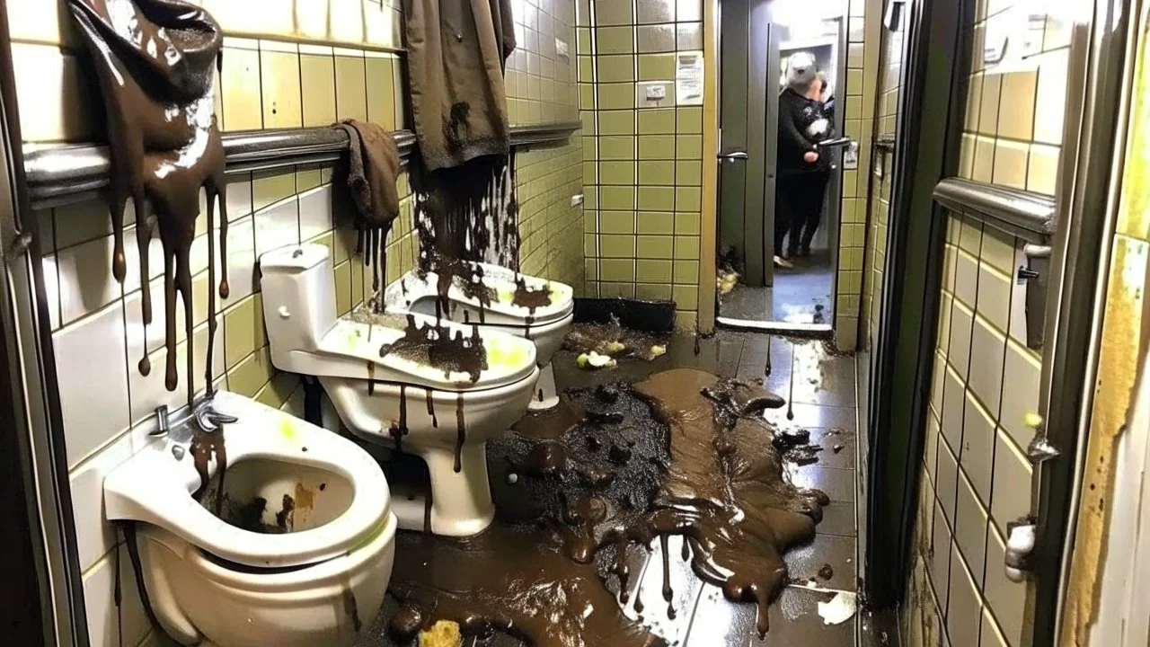 hundreds of feces starts to come out of the clogged toilet of black water and overflows into the hallway where woman is crying