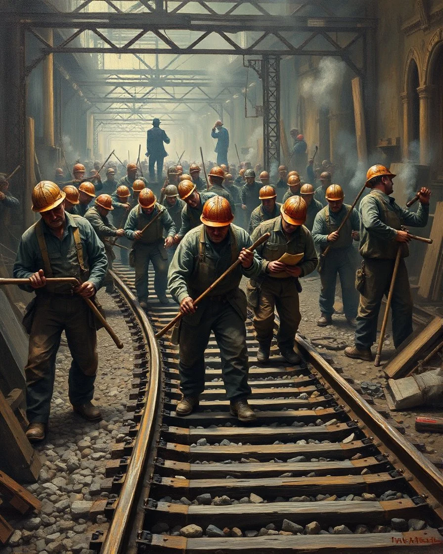 Bosch painting style ,nightmare, a lot of blacksmiths and construction workers holding shavles and construction tools working on train tracks building and digging and moving a train tracks