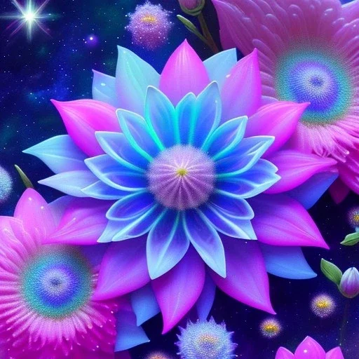  big cosmic flowers crystal subtle in a galactic ambiance , blue lake, cascade, delicate flowers, delicate colors, bin the foreground, full of details, smooth，soft light atmosphere, light effect，vaporwave colorful, concept art, smooth, extremely sharp, masterpiece, best quality, blue skinned, sparkling,8k, , sun light, 8K, RAW, depth of field,high contrast,