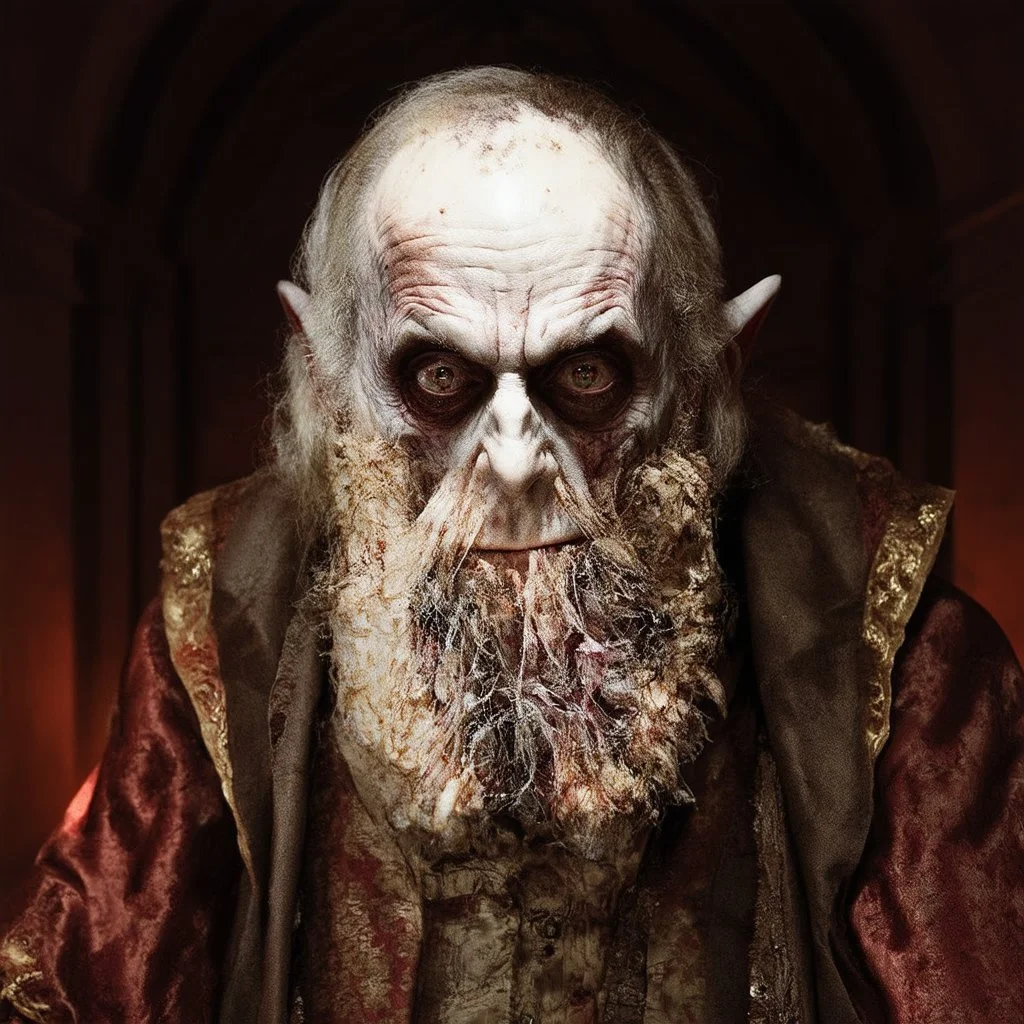 very grainy discolored modern photo, closeup portrait, dark ancient hall with no lights, grunge, extremely old male with chalk-white skin wearing old dashing and opulent gilded clothes, threatening, imposing, nosferatu