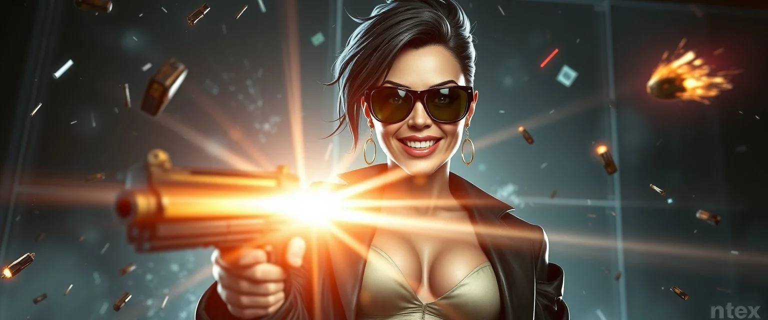 airbrush 3d rendering, mafia cyberpunk stylish lady dr smick Vex is now officially in stasis. No experiments. No clones. No accidental galaxy-ending breakthroughs. sci fi guns and rays, shattering glass background, flying debris, mad laughs, and pose