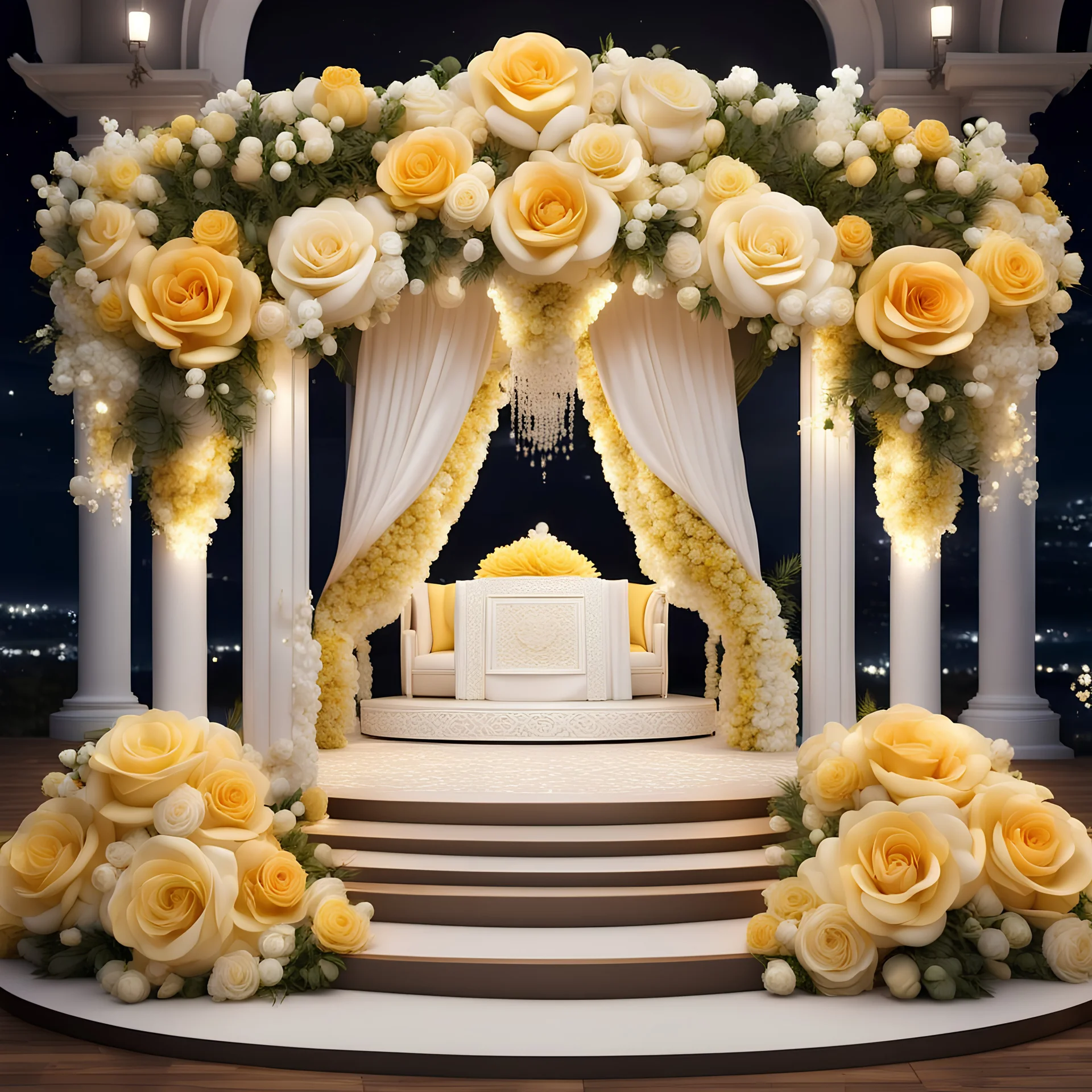 Hyper Realistic Beautiful Traditional Wedding Stage decorated with Yellow & White roses at Night