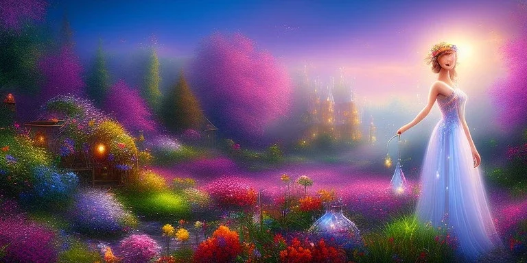 bright fairy, beautiful portrait, flowery landscape