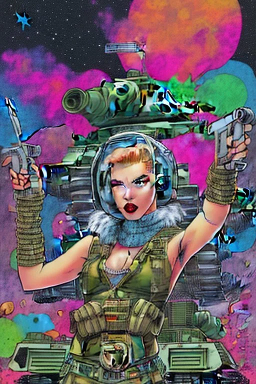 Digital illustration of comic book style cartooned Tank girl giving the middle finger, giant green military tank behind her, color pencils, ink, counter culture, dystopian, retro futuris. 90s riot girl look, punk aesthetics, collage, psychedelic, grime, textured, mixed media with a british pop culture influence, maximalism, feminist icon,