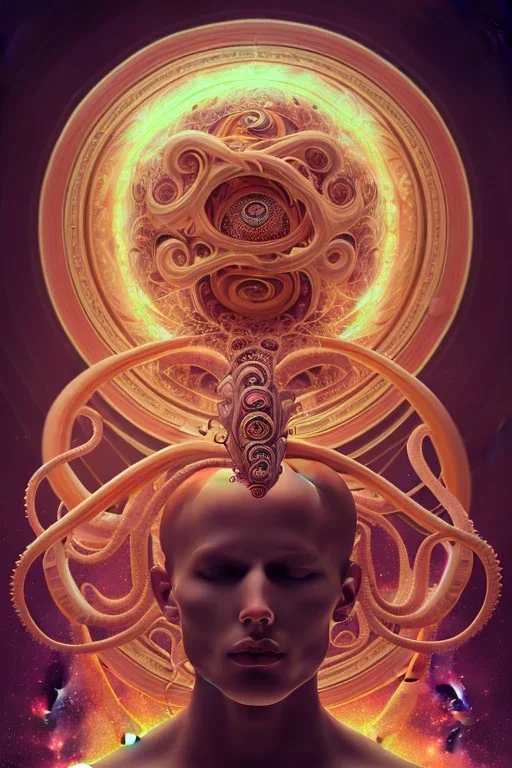 Spiritual being with Tentacles over human Head creating reality around, wrapping Spiral around people, Psychedelic