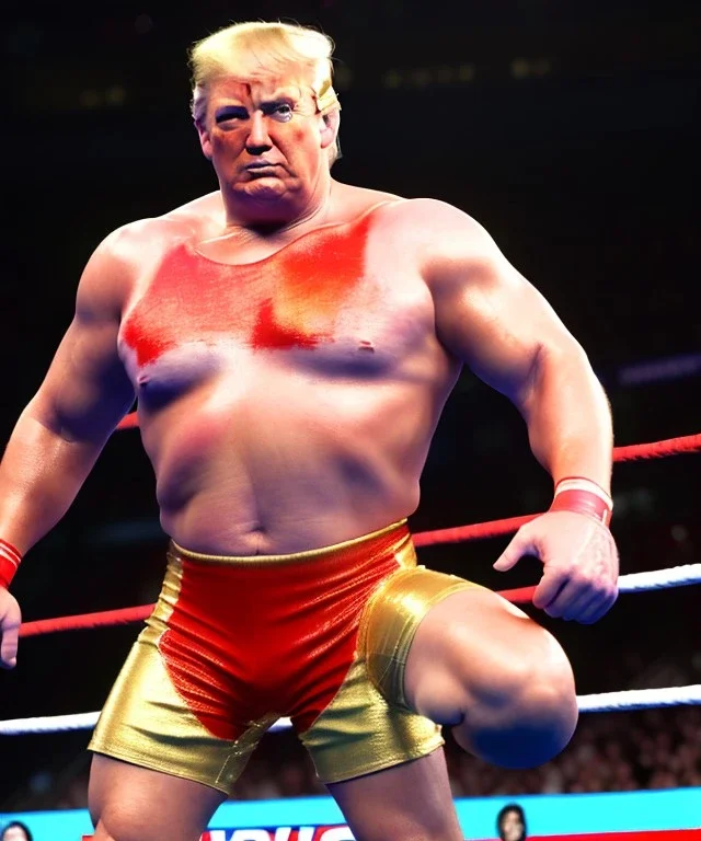 Realistic image of Donald trump wrestler, Mexican wrestling, glow makeup, red and blue breeches, suspenders, retro style, 80s, red, gold, vibrant color, highly detailed, clean background, concept art, unreal engine 5, god rays, ray tracing, RTX, lumen lighting, ultra detail, volumetric lighting, 3d, finely drawn, high definition, high resolution.