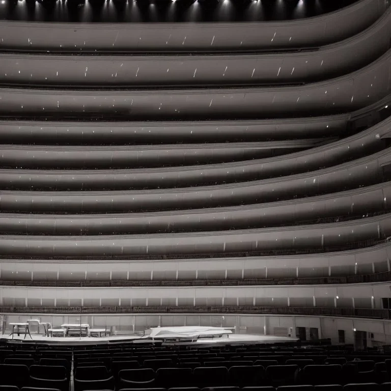 a single chair on stage under spotlight at a dark and empty symphony hall