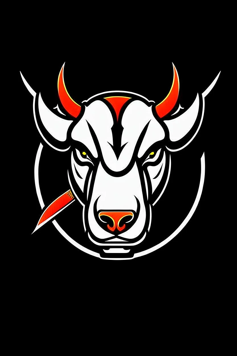 angry bull terrier hockey logo, thick lines, vector simplified, black white and orange