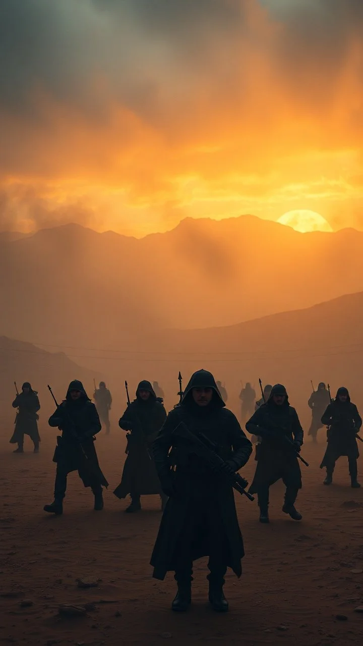 Bosch painting style nightmare , 3D ,a group of men in black led by army trackers in a dramatic misty scene of the sunset time in a stormy weather in the desert background, high Quality picture , 8k