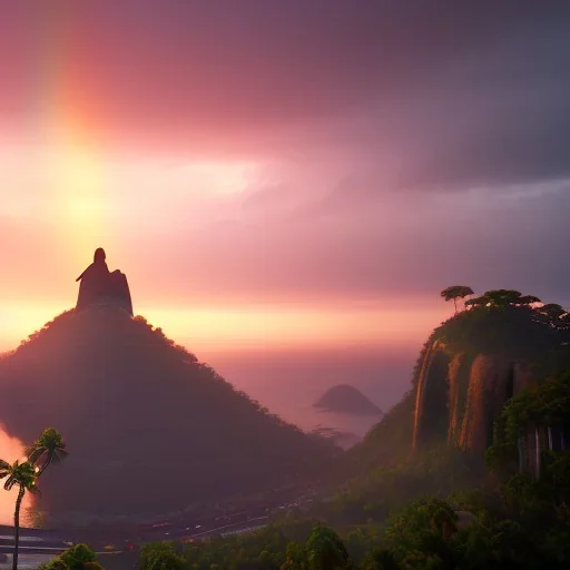 Christ the Redeemer, sunset, rainbow sunset, waterfall, palms, twigs, spring, sunset rainbow, flying birds, unreal engine 5, cinematic lighting, realistic, hyper detailed, 8k, octane render, cinema 4d