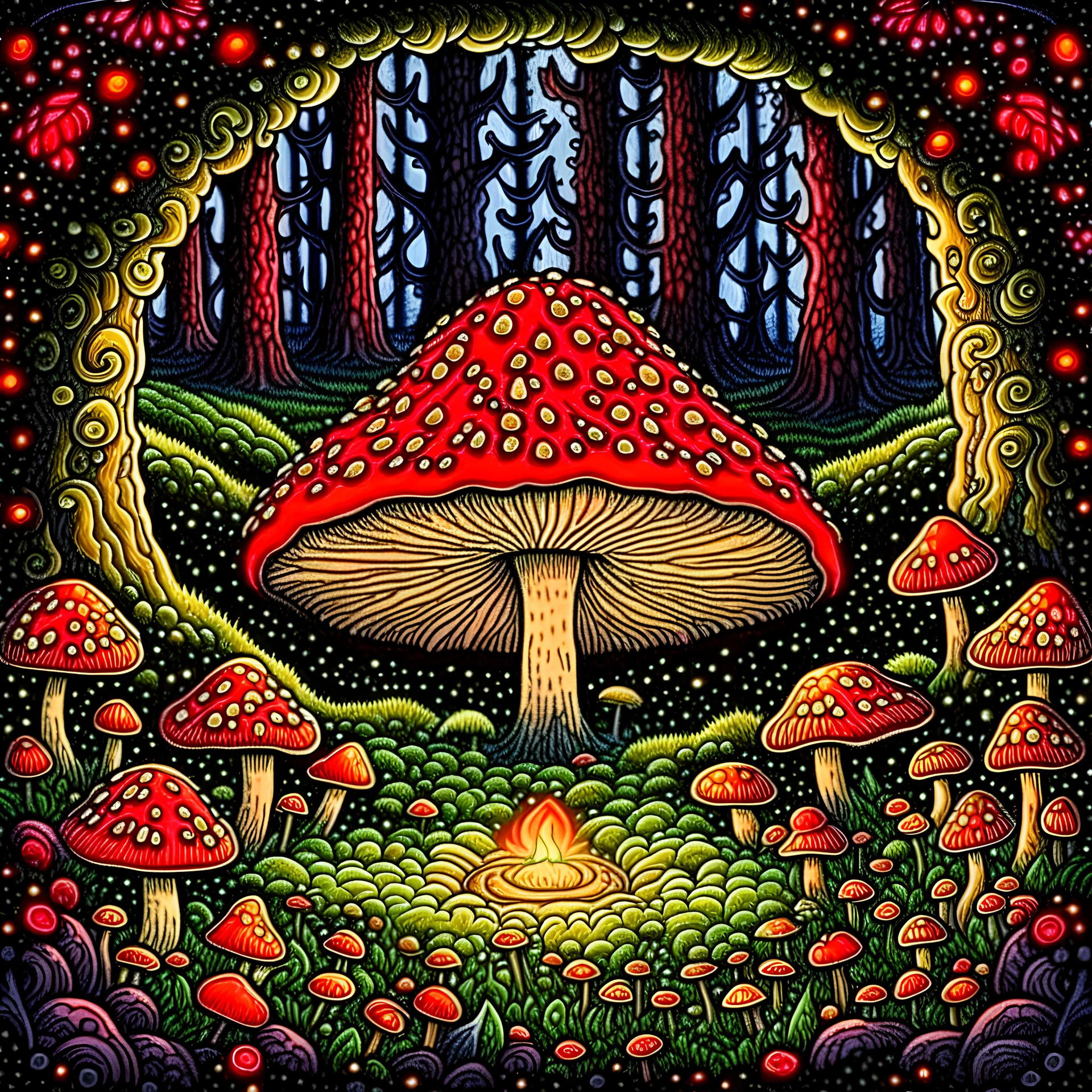 A gnome sleeping next to a campfire under a large mushroom. in the middle of a magical mushroom forest. art nouveau. hundreds of mushrooms everywhere. detailed symmetrical art deco border. fireflies everywhere with a cosmic background