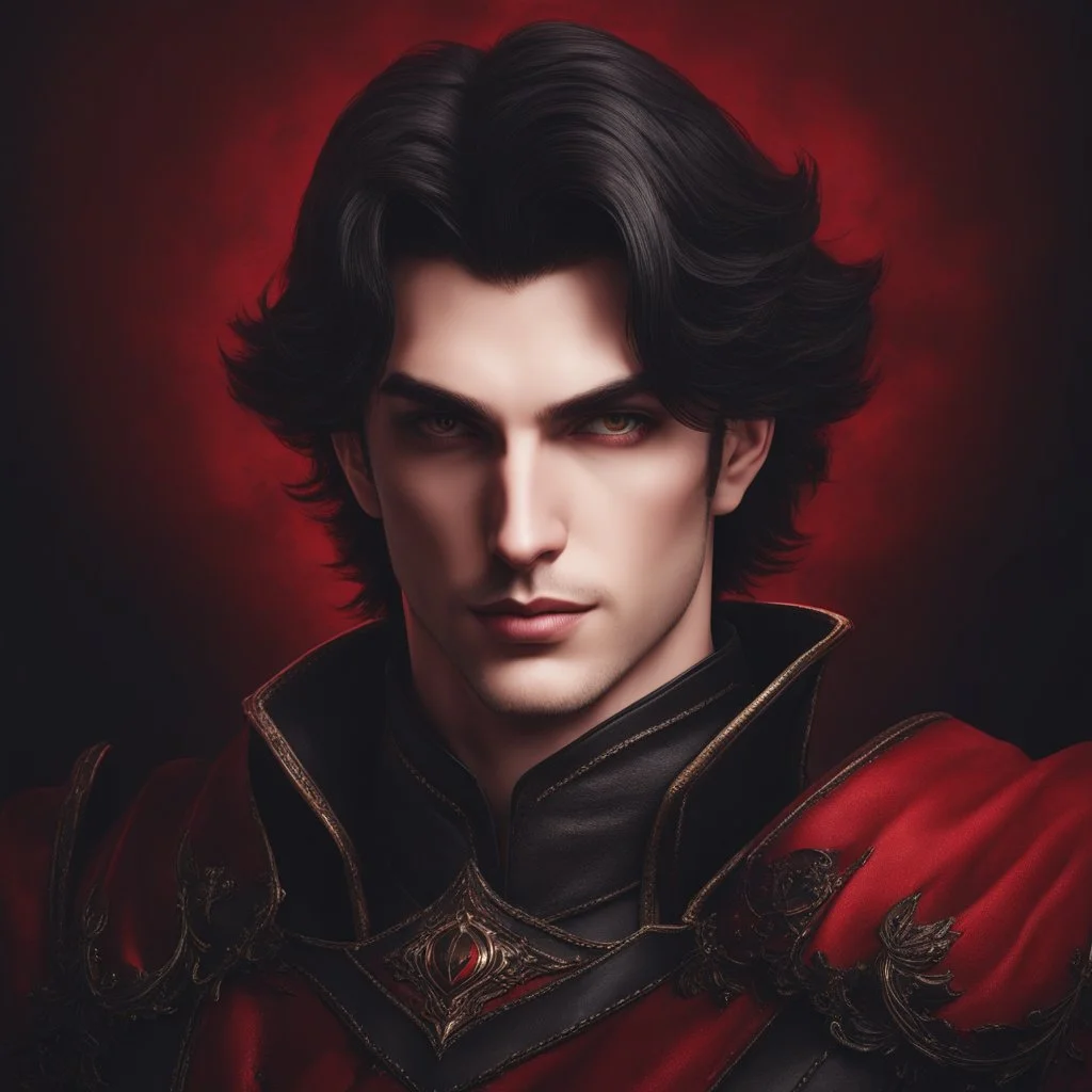 A headshot of a smirking, handsome, male medieval villain in his late 20's, he radiates raw dark power, wearing red and black leather fantasy armor, anime style, dark medieval background, intricately detailed