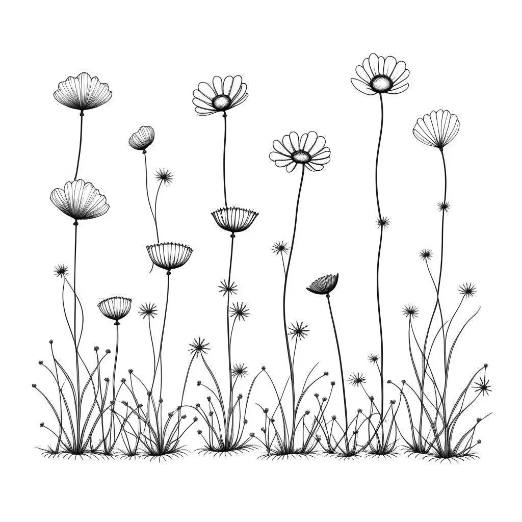 set of growing wind flower on the grace on ground, SIMPLE ONE lineS art, white background, minimalis, different view, only white bakcground solid.natural, aesthetic