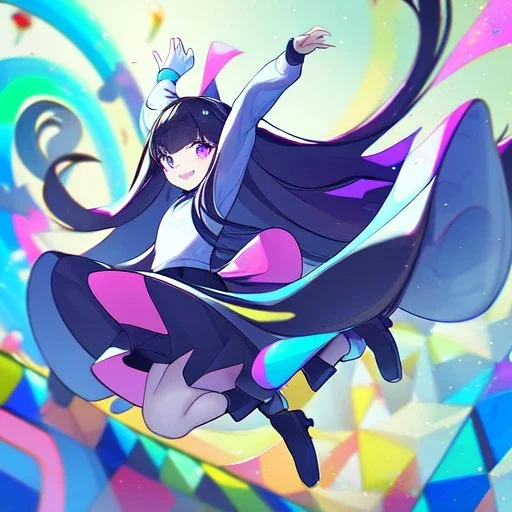 Clear focus,High resolution, Black long straight hair, and purple eyes, wearing a skirt,with stocking, with long boots on, Happy, Jumping, Teen, Background is a very colorful and happy theme park, Potrait, Blurry bg, Cartoony style