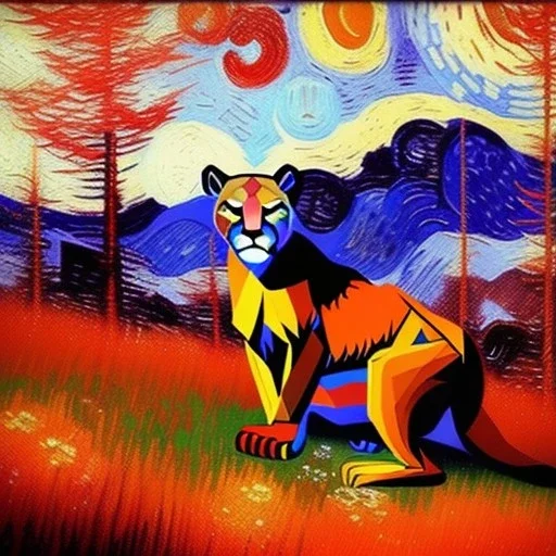 Dibujo al oleo de un puma en el bosque rojo con nubes estilo Vincent van Gogh