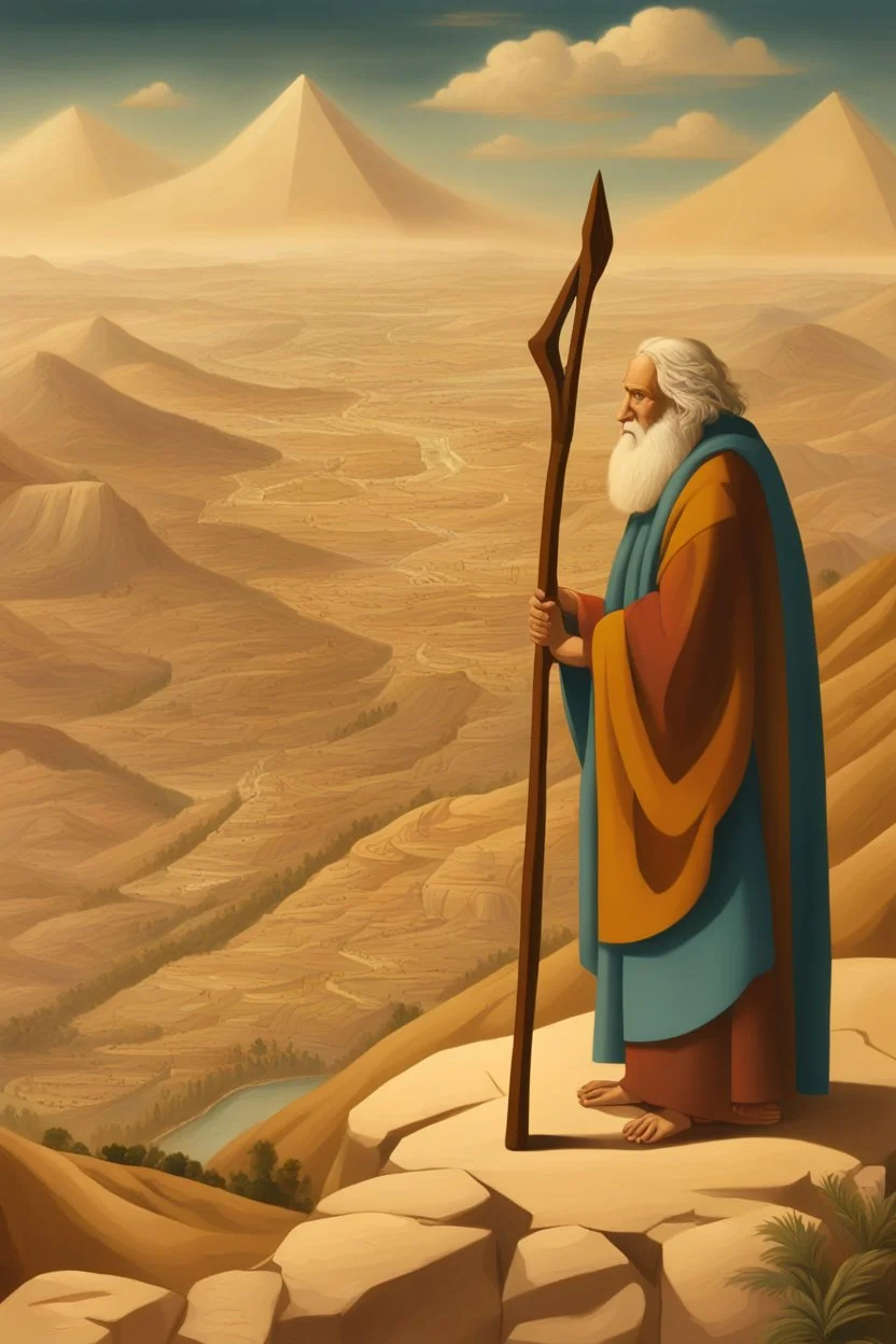 Moses stands on a mountain and holds a crooked wooden staff, at his feet are stone tablets on which the ten commandments of God are written, and below is a valley with the cities of Palestine of sands, tents and mountains. There is a silhouette of God in the sky. Everything is painted in oil painting with high-quality drawing of details