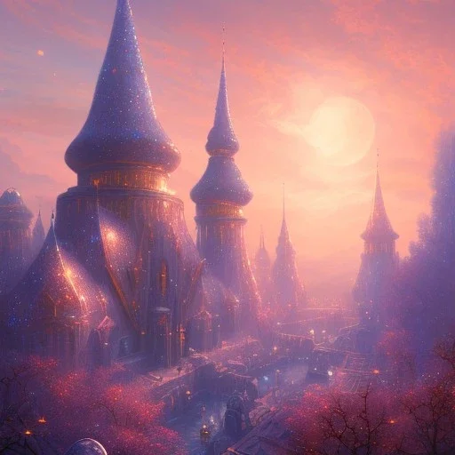 landscape, city of the elves, rose, gold, very blue sky, crystal domes, glistening oiled shiny, intricate, Exquisite details and textures, highly detailed, digital painting, artstation, concept art, sharp focus, nature background, illustration, 8k, by stability ai, nvidia