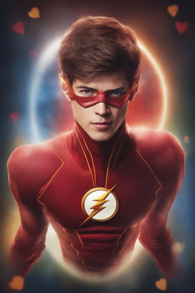 Grant Gustin as The Flash - 3D bubbles, 3D hearts, multicolored lightning, aurora borealis, UFOs, Devil's Tower, fireflies, professional quality digital photograph, happy time