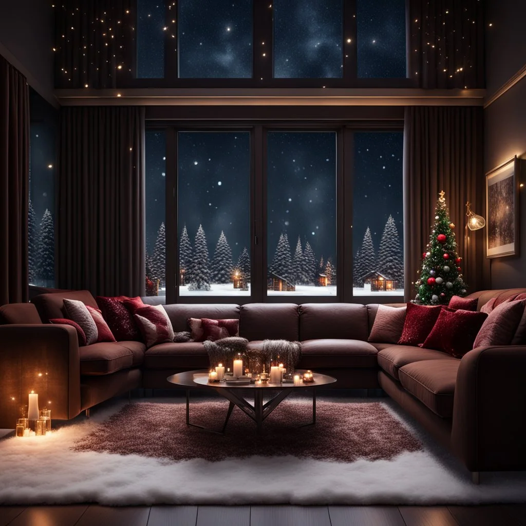 Hyper Realistic Dark Brown Living Room With Fancy Velvet Furniture & Christmas Decoration at snowfall night from window view