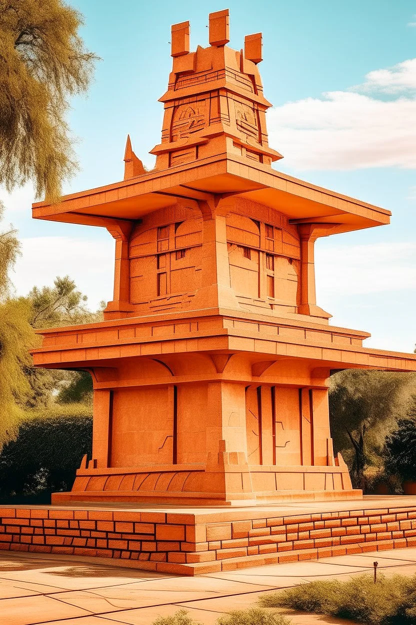 A light rosy orange colored ruined temple with sundials painted by Frank Lloyd Wright