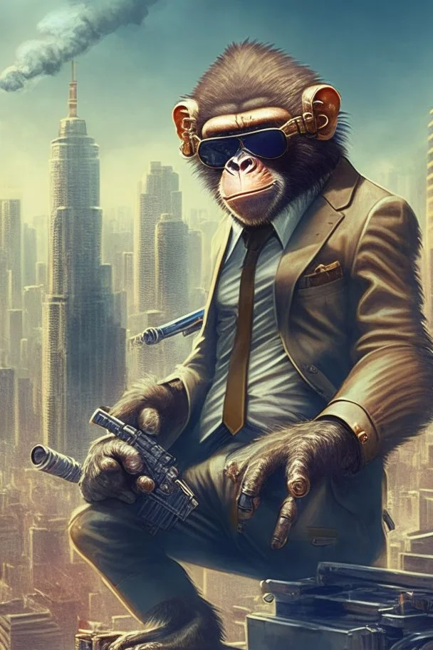 criminal monkey with a machinegun and sunglasses. Realistic image, City Background, monkey wearing a suit, smoking a cigar. Monkey is very trained