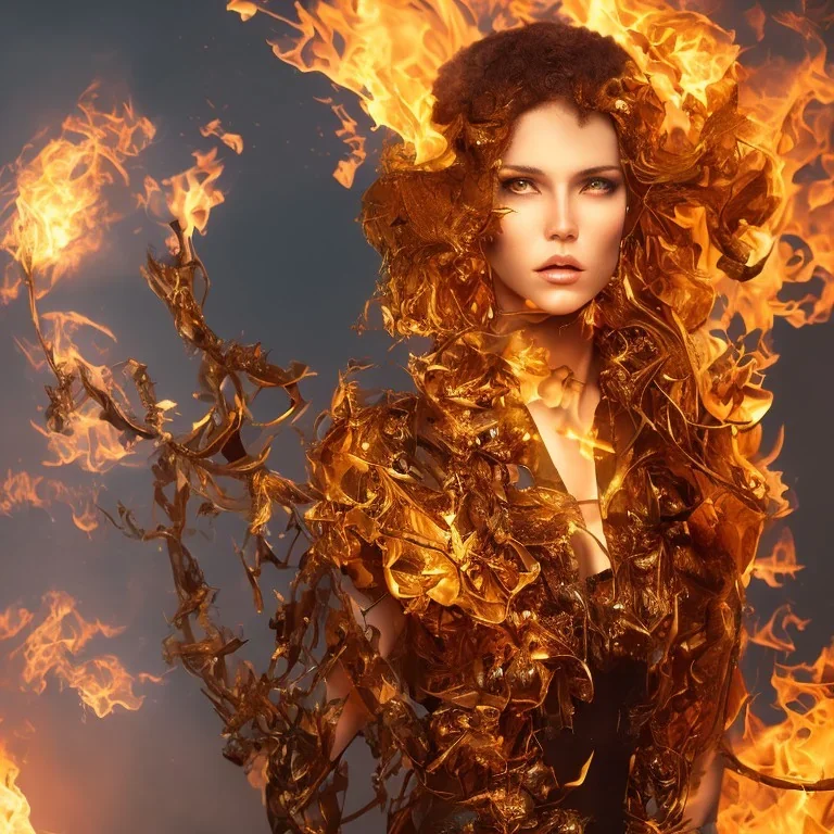 Woman with forest fire hair, heat lightening thoughts, tongue of polished amber and glass, hourglass waist, surreal, hyperdetailed, focused, vibrant colors