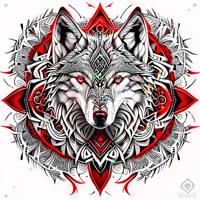 Wolf symmetrical design ink art silver colors red white and black hyper-detailed realistic 8k