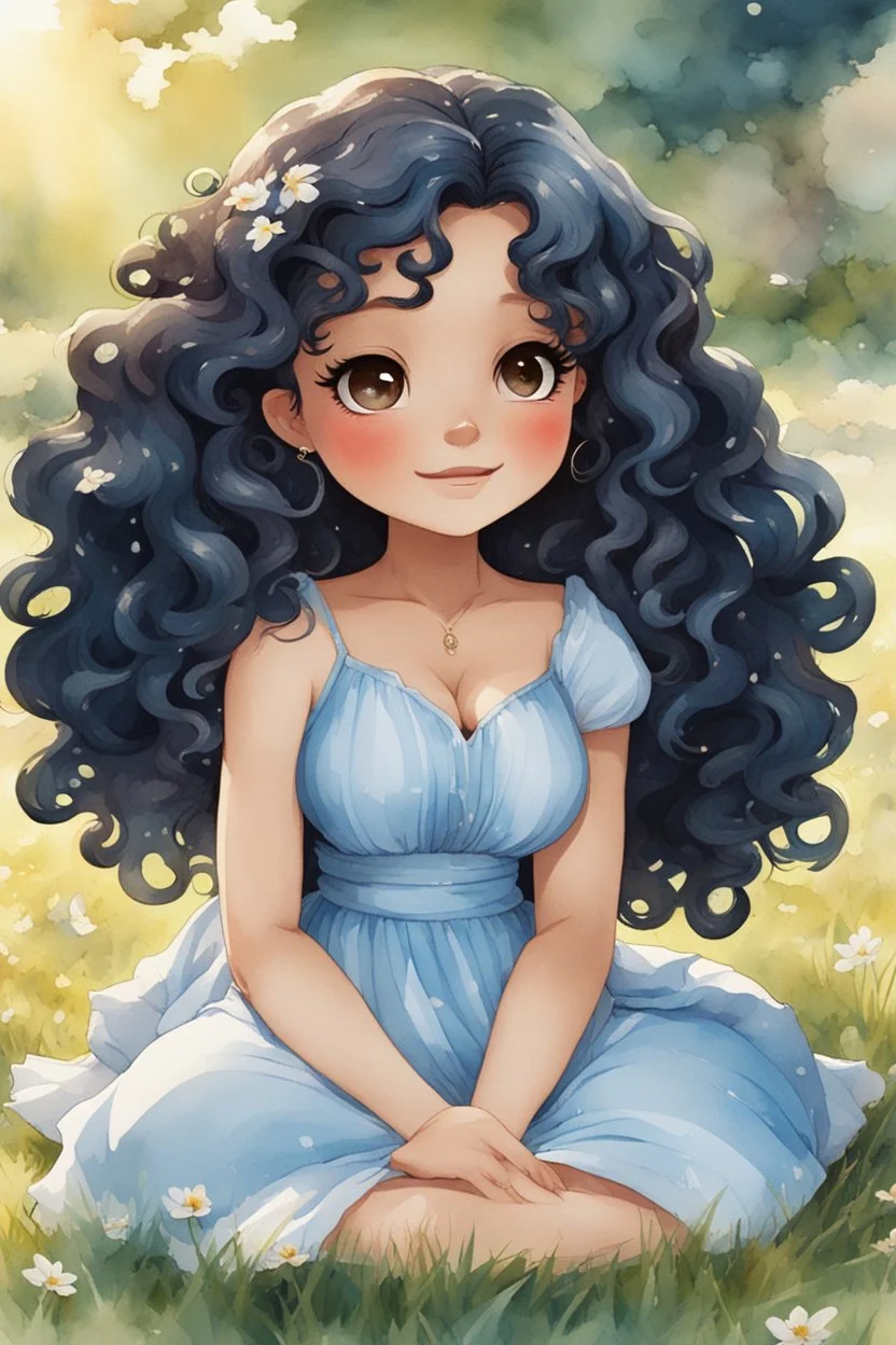 An watercolor image of a chibi black cartoon of a curvaceous woman with flowing of curly twisted of black hair that's highly detailed, wearing a light blue maxi dress. She sits relaxed on the grass facing the warm sunlight, which illuminates her face as she looks to the side with a small smile, accentuating her prominent makeup and brown eyes.